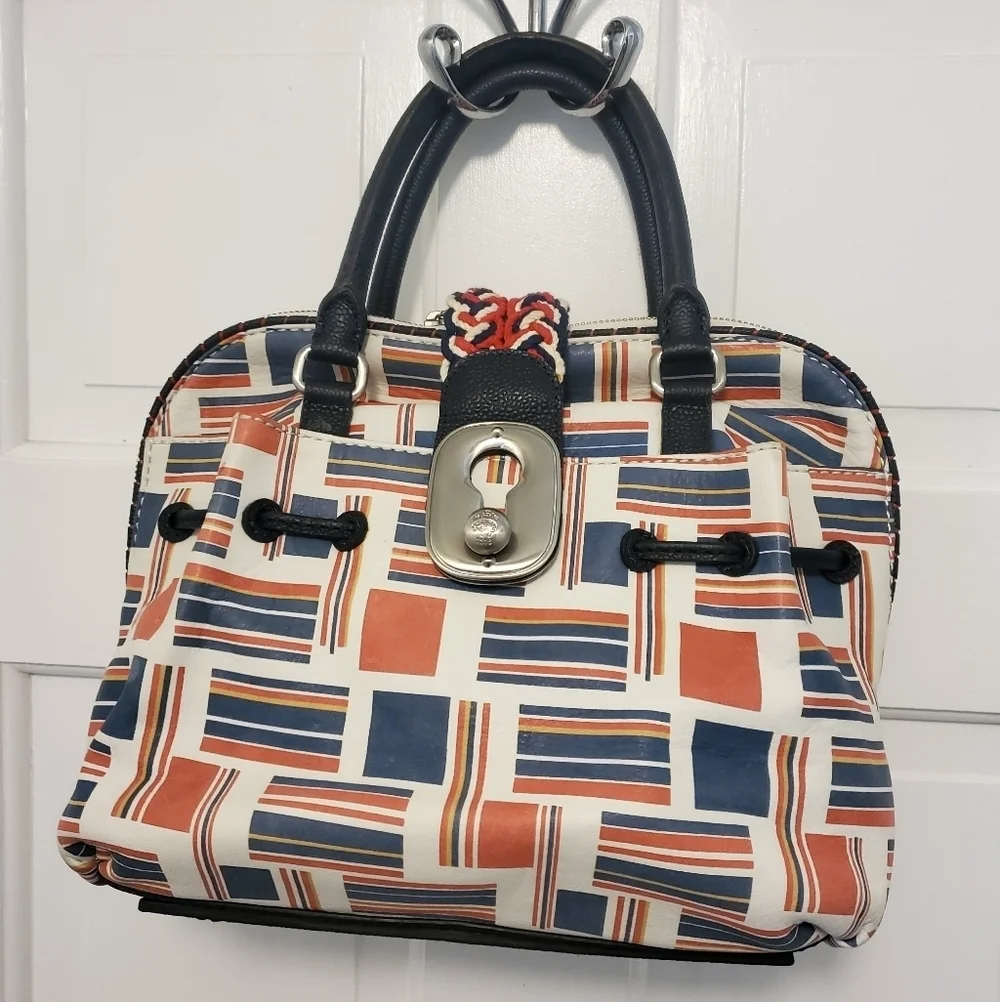 Nautical Print Fashion Satchel Red, Blue White, Double Handle, Flap/zip Close